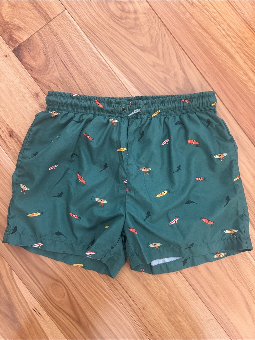 Zara Green Surfboard & Shark Print Swim Trunks